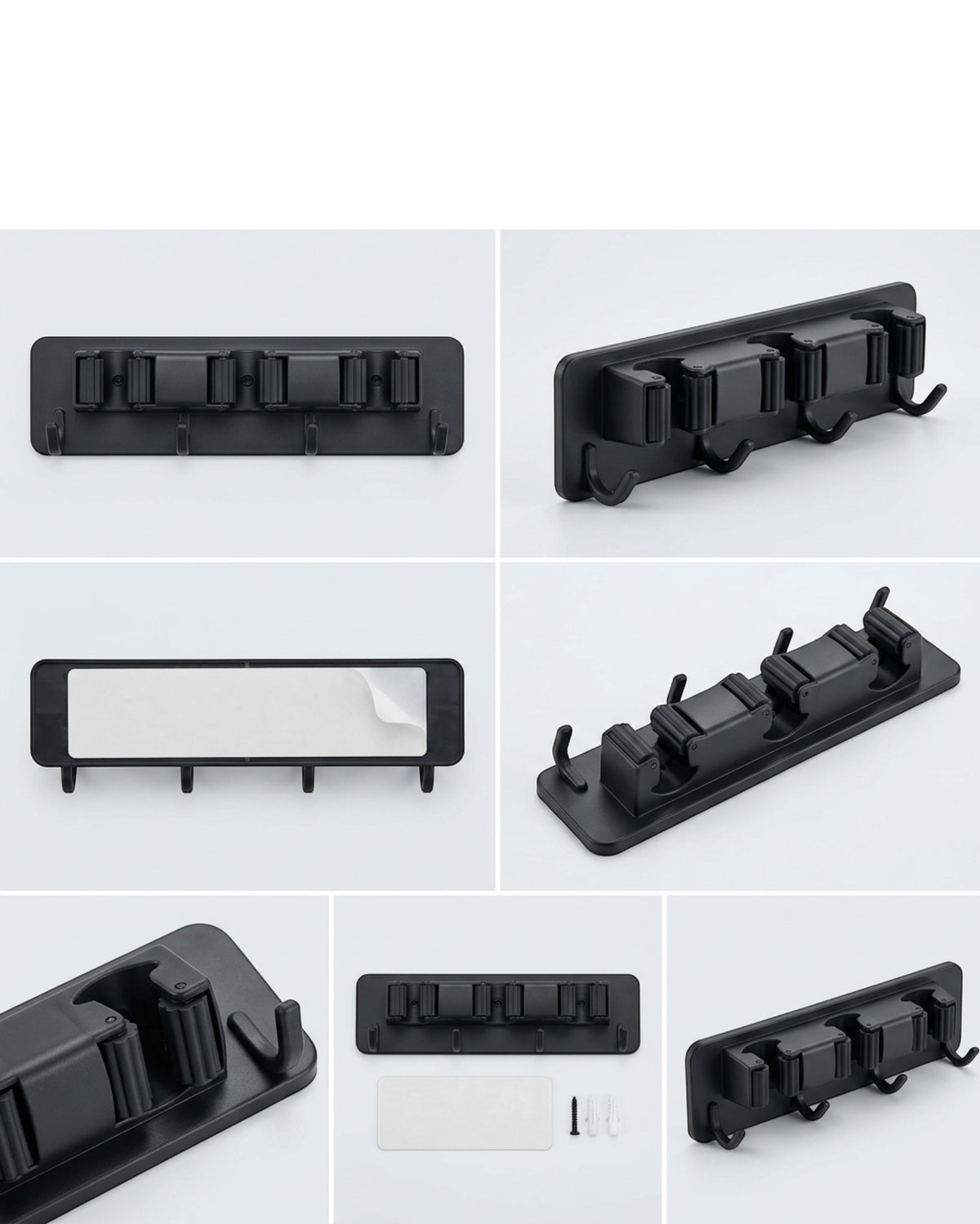 Xkvo Adhesive Broom Holder Black 3 Slot 4 Hook