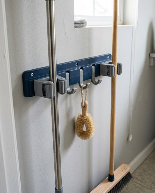 Xkvo Foldrail Mop Broom Rack 3 Grips 5 Hooks Navy Gray - Lifestyle view