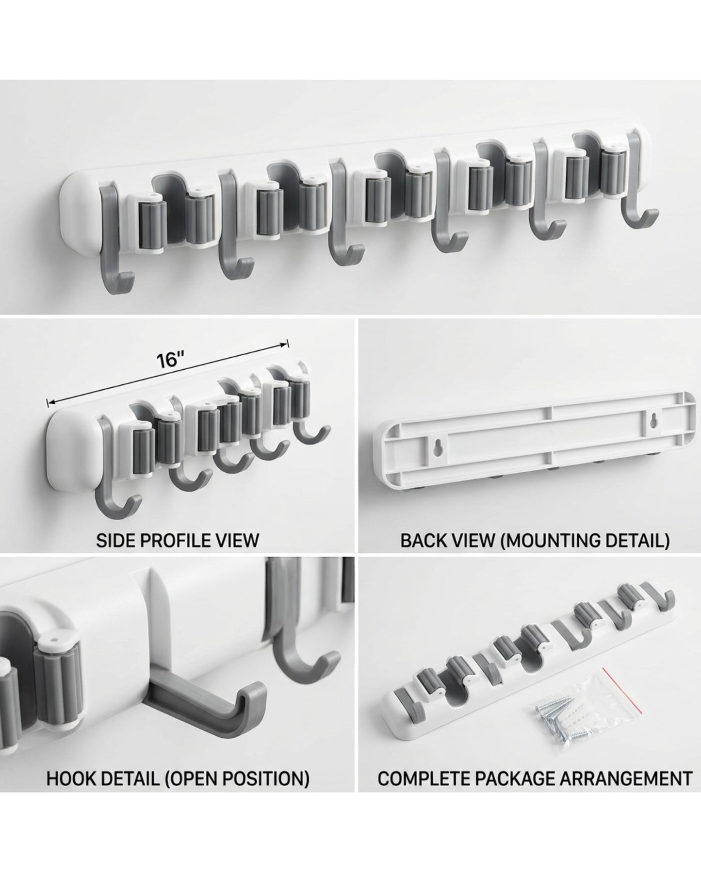 Xkvo Wall Mounted Mop Holder White 5 Slot 6 Hook