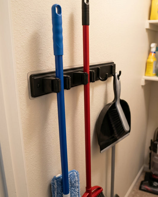 Xkvo Adhesive Broom Holder Black 3 Slot 4 Hook