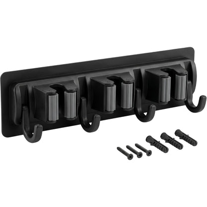 Xkvo Adhesive Broom Holder Black 3 Slot 4 Hook