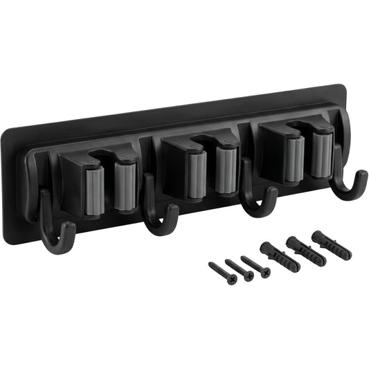 Xkvo Adhesive Broom Holder Black 3 Slot 4 Hook