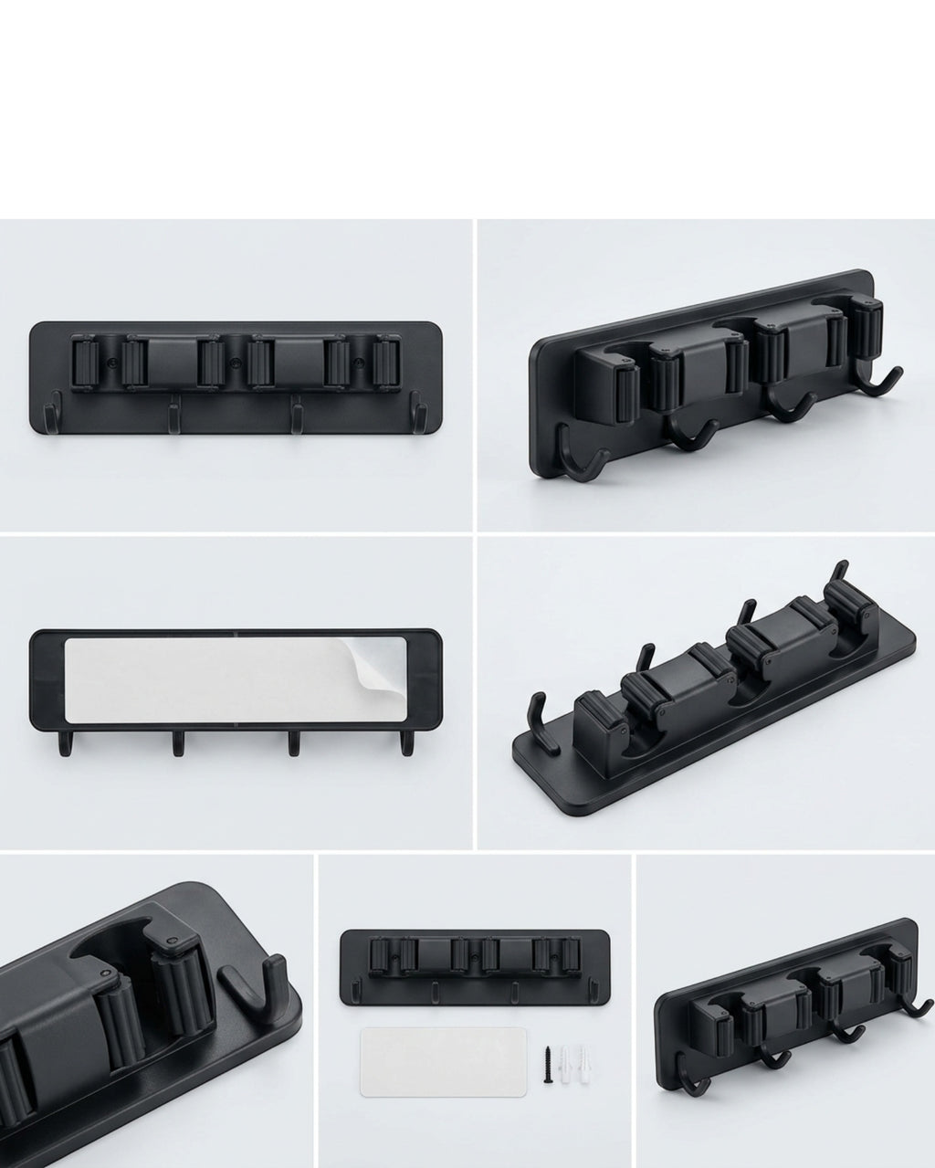 Xkvo Adhesive Broom Holder Black 3 Slot 4 Hook