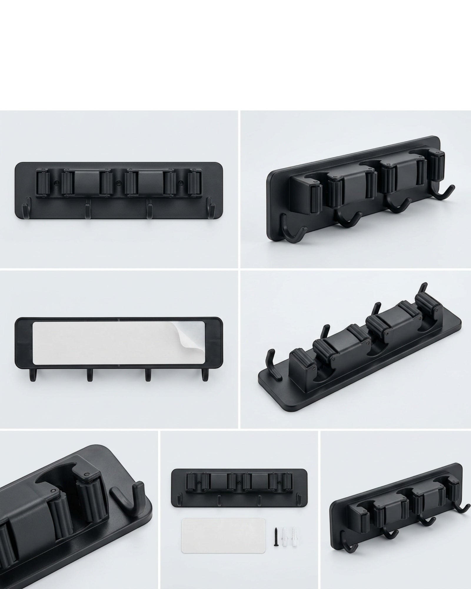 Xkvo Adhesive Broom Holder Black 3 Slot 4 Hook