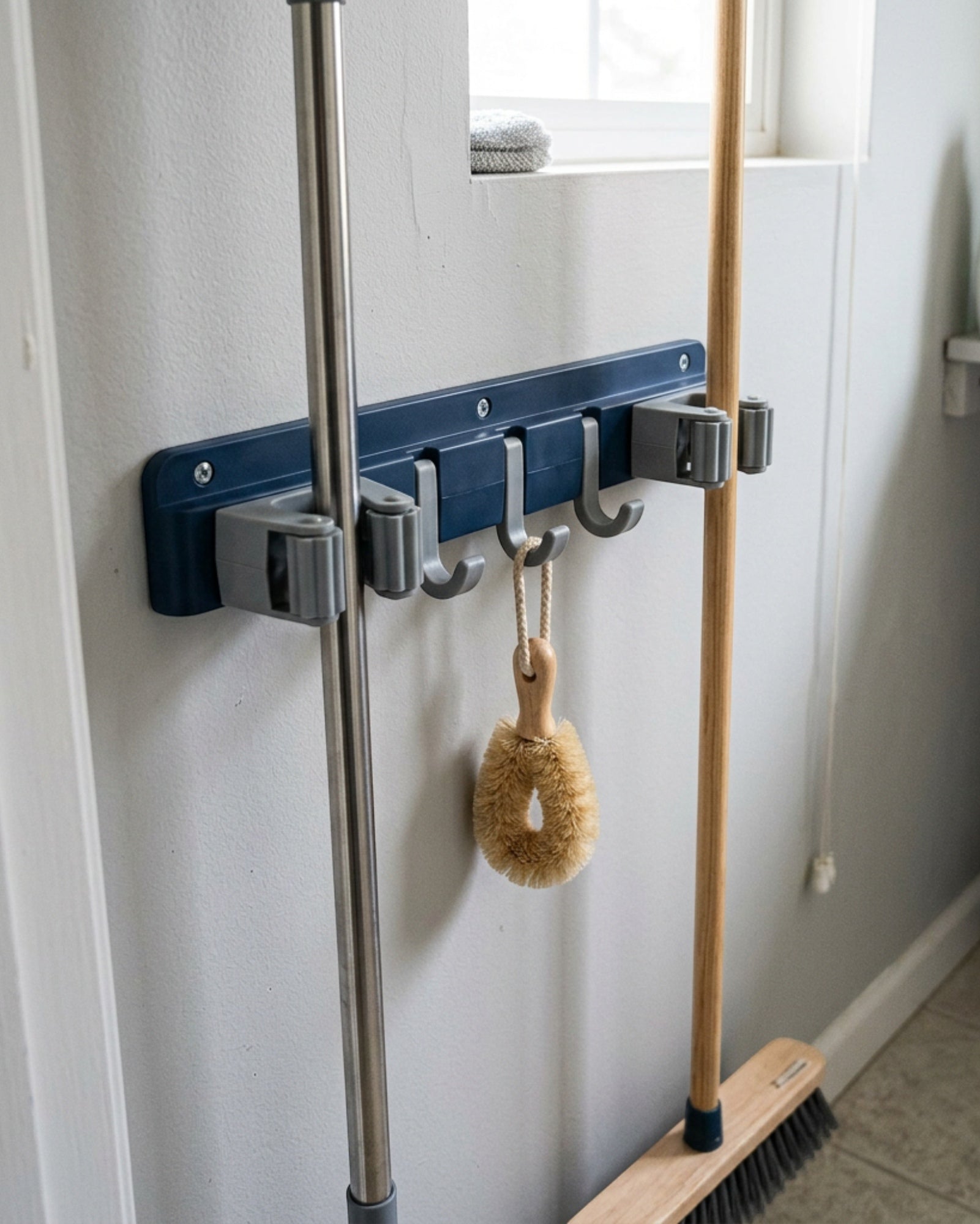 Xkvo Foldrail Mop Broom Rack 3 Grips 5 Hooks Navy Gray - Lifestyle view
