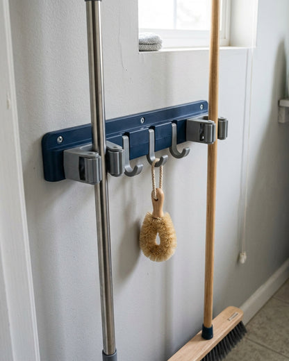 Xkvo Foldrail Mop Broom Rack 3 Grips 5 Hooks Navy Gray - Lifestyle view