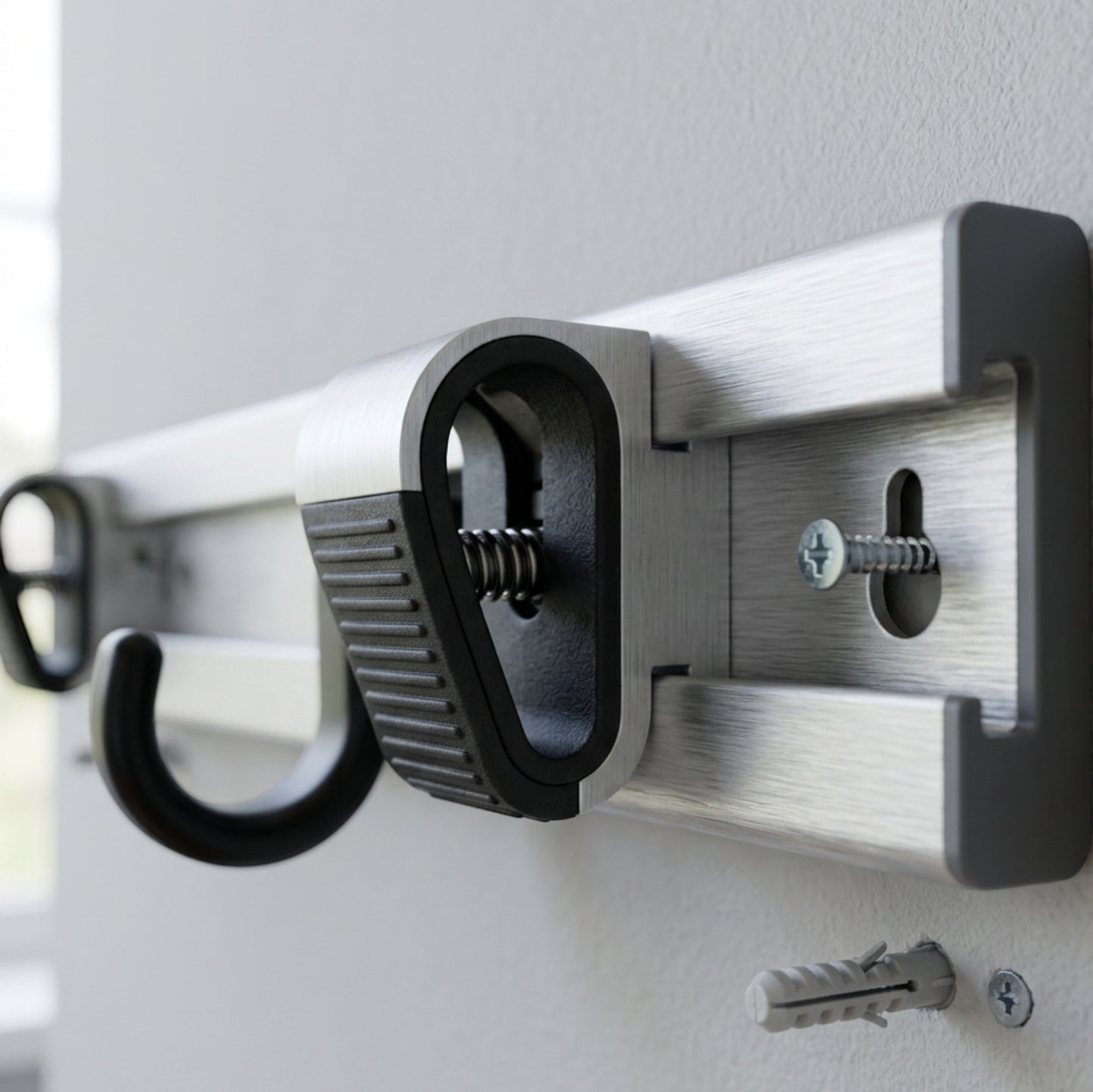 Xkvo Griptrack Aluminum Wall Organizer 5 Grips 4 Hooks Silver Black - Detail view