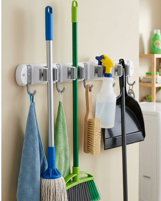 Xkvo Wall Mounted Mop Holder White 5 Slot 6 Hook