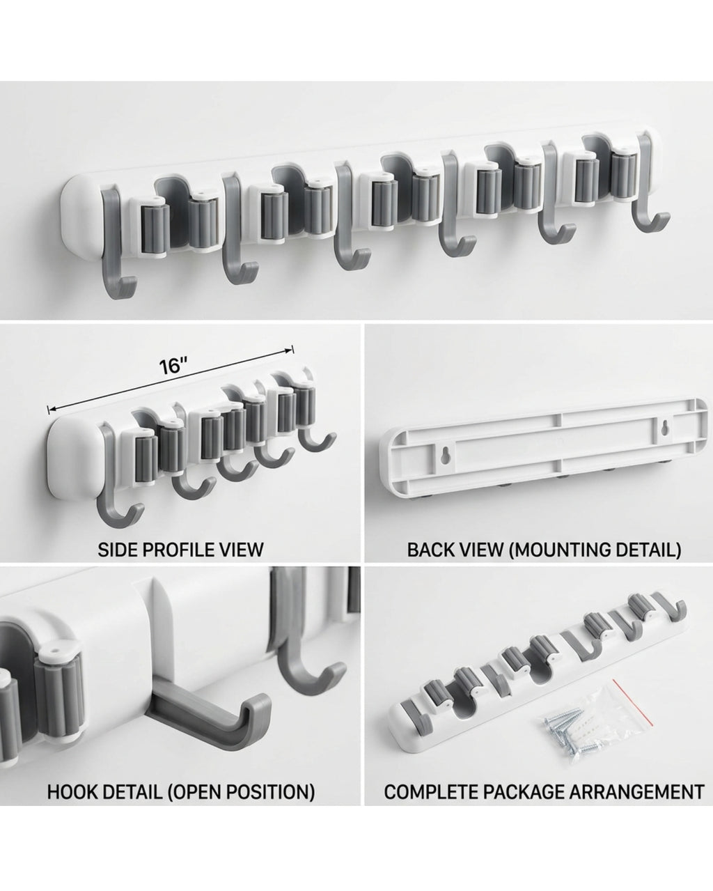 Xkvo Wall Mounted Mop Holder White 5 Slot 6 Hook