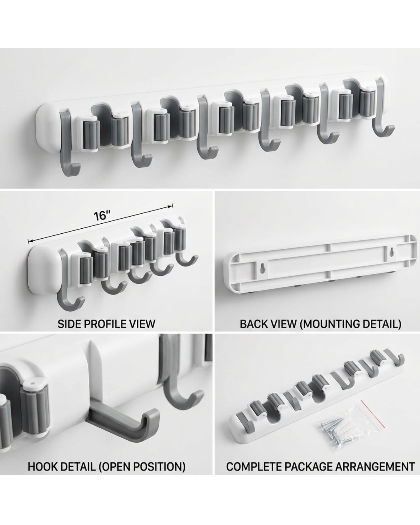 Xkvo Wall Mounted Mop Holder White 5 Slot 6 Hook