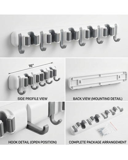Xkvo Wall Mounted Mop Holder White 5 Slot 6 Hook